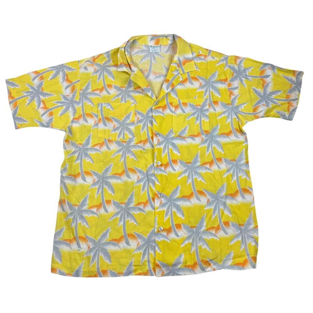 VTG Tropicana Mens Large L Yellow Palm‎ Tree Hawaiian Shirt Aloha Beach Vaca